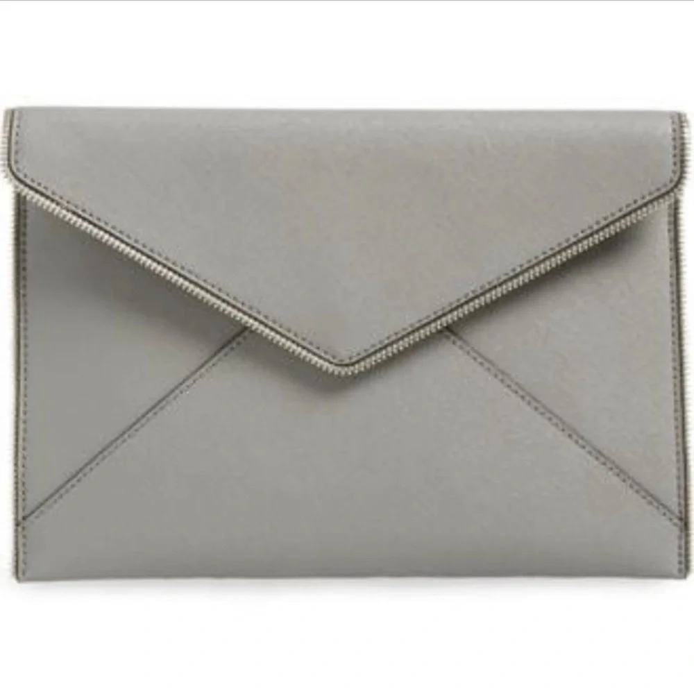 REBECCA MINKOFF Leo Gray Safiano Structure Leather Zipper Accent Envelope Clutch